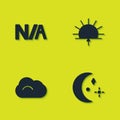 Set Not applicable, Moon and stars, Cloud and Sunrise icon. Vector