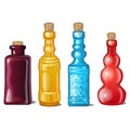 A set of notched glass colored bottles. Vector illustration.