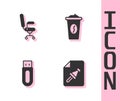 Set Note paper with push button, Office chair, USB flash drive and Coffee cup go icon. Vector Royalty Free Stock Photo