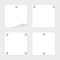 Set of note paper tacked by thumbtack with space for text or message on grey background. Some variants of blanks.