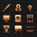 Set Notebook, Chalkboard, Open, Graphic tablet, Stage stand, Computer monitor, Light bulb and Paint brush icon. Vector