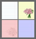 Set of notebook colored lined paper sheet with romantic flowers bouquet