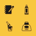 Set Notebook, Inkwell, Paint bucket with brush and Tube paint palette icon with long shadow. Vector