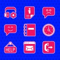 Set Notebook, Mail and e-mail, Outgoing call phone, Clock, Signboard with text Help, Smile face, Sad smile and