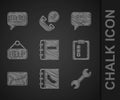 Set Notebook, Phone, Wrench spanner, Online quiz, test, survey, Mail and e-mail, Signboard with text Help, Smile face Royalty Free Stock Photo