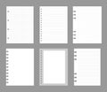 Set of notebook sheets isolated on gray background. Realistic white blanks of checkered, lined and dots paper. Different