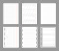 Set of notebook sheets isolated on gray background. Realistic white blanks of checkered, lined and dots paper. Different
