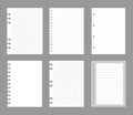 Set of notebook sheets isolated on gray background. Realistic white blanks of checkered, lined and dots paper. Different