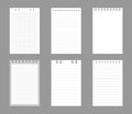 Set of notebook sheets isolated on gray background. Realistic white blanks of checkered, lined and dots paper. Different