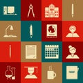 Set Notebook, Teacher, Student, School building, Pen, Workplace with table lamp and open, Computer monitor keyboard