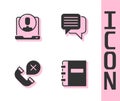 Set Notebook, Telephone 24 hours support, Declined missed call and Speech bubble chat icon. Vector Royalty Free Stock Photo
