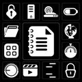 Set of Notepad, Locked, Lines, Video player, Volume control, Stopwatch, Menu, Worldwide, Folder, editable icon pack