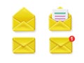 Set of notification mail envelope icons Opened closed Envelopes, message or sms reminder, newsletter symbol 3d vector