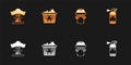 Set Nuclear explosion, Infectious waste, reactor worker and Fire extinguisher icon. Vector Royalty Free Stock Photo
