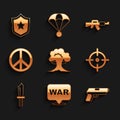 Set Nuclear explosion, The word war, Pistol gun, Target sport, Military knife, Peace, M16A1 rifle and Police badge icon