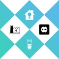 Set Nuclear power plant, LED light bulb, Smart house and and Electrical outlet icon. Vector Royalty Free Stock Photo