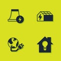 Set Nuclear power plant, Smart house and light bulb, Global energy planet and Solar panel icon. Vector Royalty Free Stock Photo