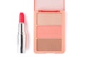 Set of nude pink and peach color eyeshadow in a palette with lipstick and makeup brush isolated on white background Royalty Free Stock Photo