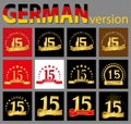 Set of number fifteen 15 years celebration design. Anniversary golden number template elements for your birthday party. Translat