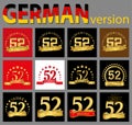 Set of number fifty-two 52 years celebration design. Anniversary golden number template elements for your birthday party. Transl