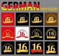 Set of number sixteen 16 years celebration design. Anniversary golden number template elements for your birthday party. Translat