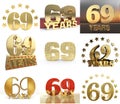 Set of number sixty nine year 69 year celebration design. Anniversary golden number template elements for your birthday party. 3