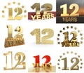 Set of number twelve year 12 year celebration design. Anniversary golden number template elements for your birthday party. 3D il