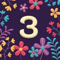 set of numbers on dark background with flowers and plants, 3d rendering, three