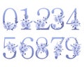 A set of numbers decorated with flower bouquets. Numbers with flowers in purple hues. Festive design, icons, decor elements Royalty Free Stock Photo