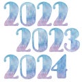 A set of numbers 2022-2024, a font with winter patterns, painted in watercolor Royalty Free Stock Photo