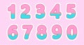 Set of numbers in lol doll style. Baby design. Bright pink, blue colors. Polka dot pattern