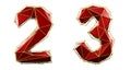 Set of numbers 2, 3 made of red color glass. Collection symbols of low poly style blue color glass isolated on white