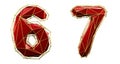 Set of numbers 6, 7 made of red color glass. Collection symbols of low poly style blue color glass isolated on white