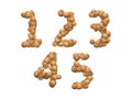 Set of numbers made of walnut, 3d rendering, typography and graphic design, 12345