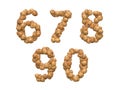 Set of numbers made of walnut, 3d rendering, typography and graphic design, 67890