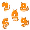 Set of numbers. Striped red cats. Animal tail. Teaching children mathematics. Arithmetic symbol