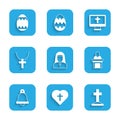 Set Nun, Christian cross in heart, Grave with, Church pastor preaching, bell, on chain, monitor and Easter egg icon Royalty Free Stock Photo