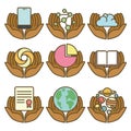 Vector icons with hands holding symbols of technology, science, and education in a clean, modern style Royalty Free Stock Photo