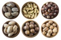 Set of nuts isolated on white background. Superfood with copy space for text. Brazil nut, peanuts, hazelnuts, macadamia, walnuts, Royalty Free Stock Photo