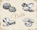 Set nuts on a vintage background. Walnut, pistachios, almonds and Brazilian nut