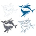 Set o four pairs of humpback whales and handdrawn lettering phrase oh, whale in different colours minimalist simple outline vector