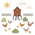 Set of objects and birds. Poultry yard with hens, roosters and chicks. Doodle art. Simple isolated vector clipart