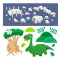 Set of objects for cards and scenes with dinosaurs. Stones, bridge and plants. Isolated elements for games, posters