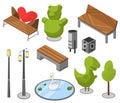 Set of objects city park with architecture, landscape garden isometric vector. Trees, fences, monuments, fountain, pond Royalty Free Stock Photo