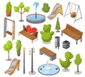 Set of objects city park with architecture, landscape garden isometric vector. Trees, fences, monuments, fountain, pond Royalty Free Stock Photo
