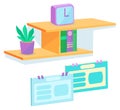 Set of objects - clock, calendar, plant, books, shelf, card wit