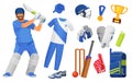 Set of objects for gaming cricket. Uniform, shoes, equipment, attributes. Royalty Free Stock Photo