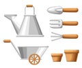 Set of objects for garden iron watering can shovel flower pots rake on white background illustration web site page and mobi