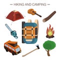Set of objects of hiking and camping. Vector isometric 3D illustration. Collection of Isolated icons on white background Royalty Free Stock Photo