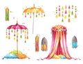 Set of objects for a mehndi party, watercolor painting